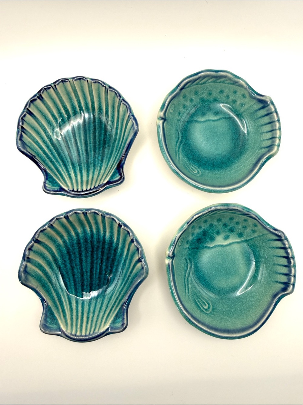 Set of 4 Crackled Glaze Teal Ceramic Pottery Sushi Sauce Dishes Fish and Shell